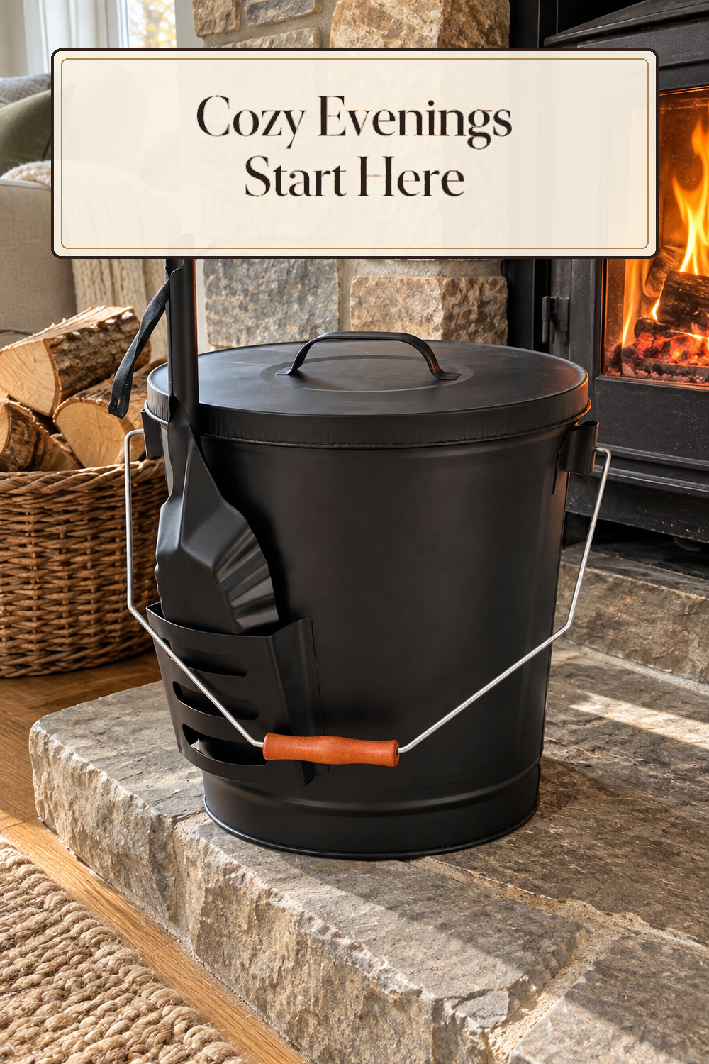 A realistic fireplace ash bucket in use in a naturally lit living room hearth inside a believable lived-in home.