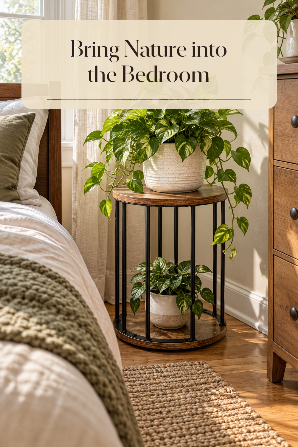 A realistic bedroom plant stand in use in a naturally lit bedroom inside a believable lived-in home.