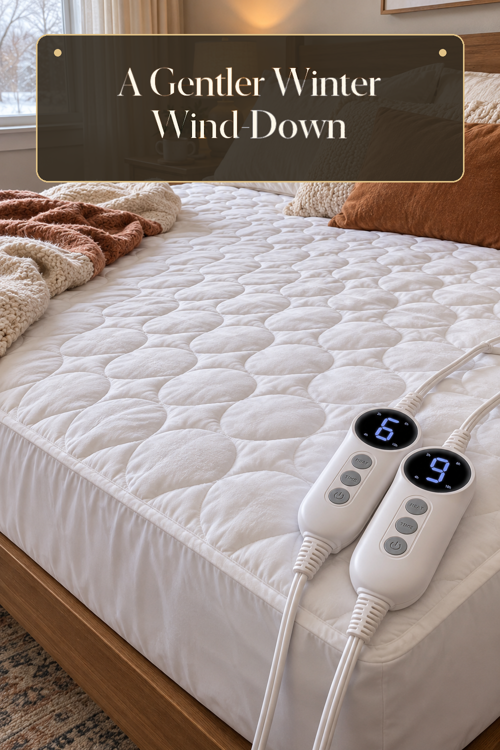 A realistic heated mattress pad in use in a naturally lit bedroom or living room inside a believable lived-in home.