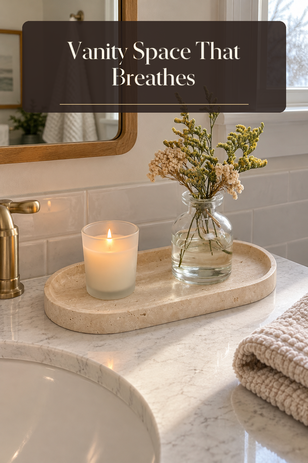 A realistic bathroom counter organizer in use in a naturally lit bathroom inside a believable lived-in home.
