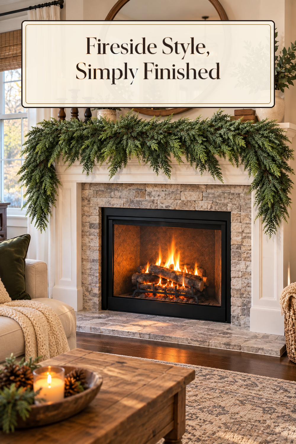 A realistic Christmas garland in use in a naturally lit living room fireplace inside a believable lived-in home.