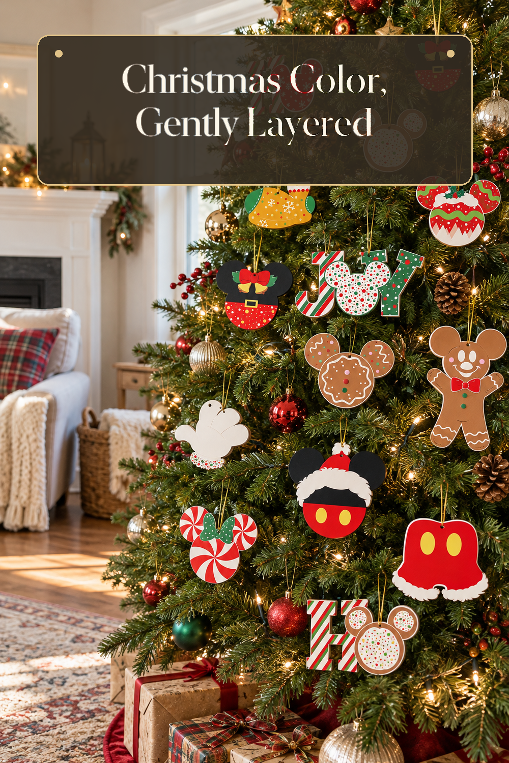 A realistic Christmas tree ornaments in use in a naturally lit living room Christmas tree inside a believable lived-in home.