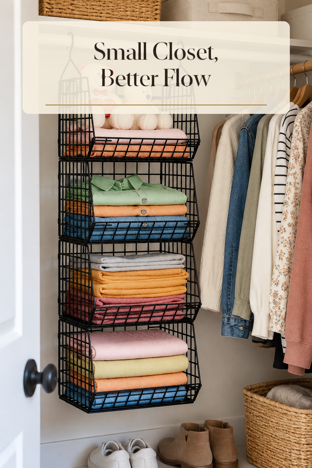 A realistic closet shelf organizer in use in a naturally lit bedroom closet inside a believable lived-in home.