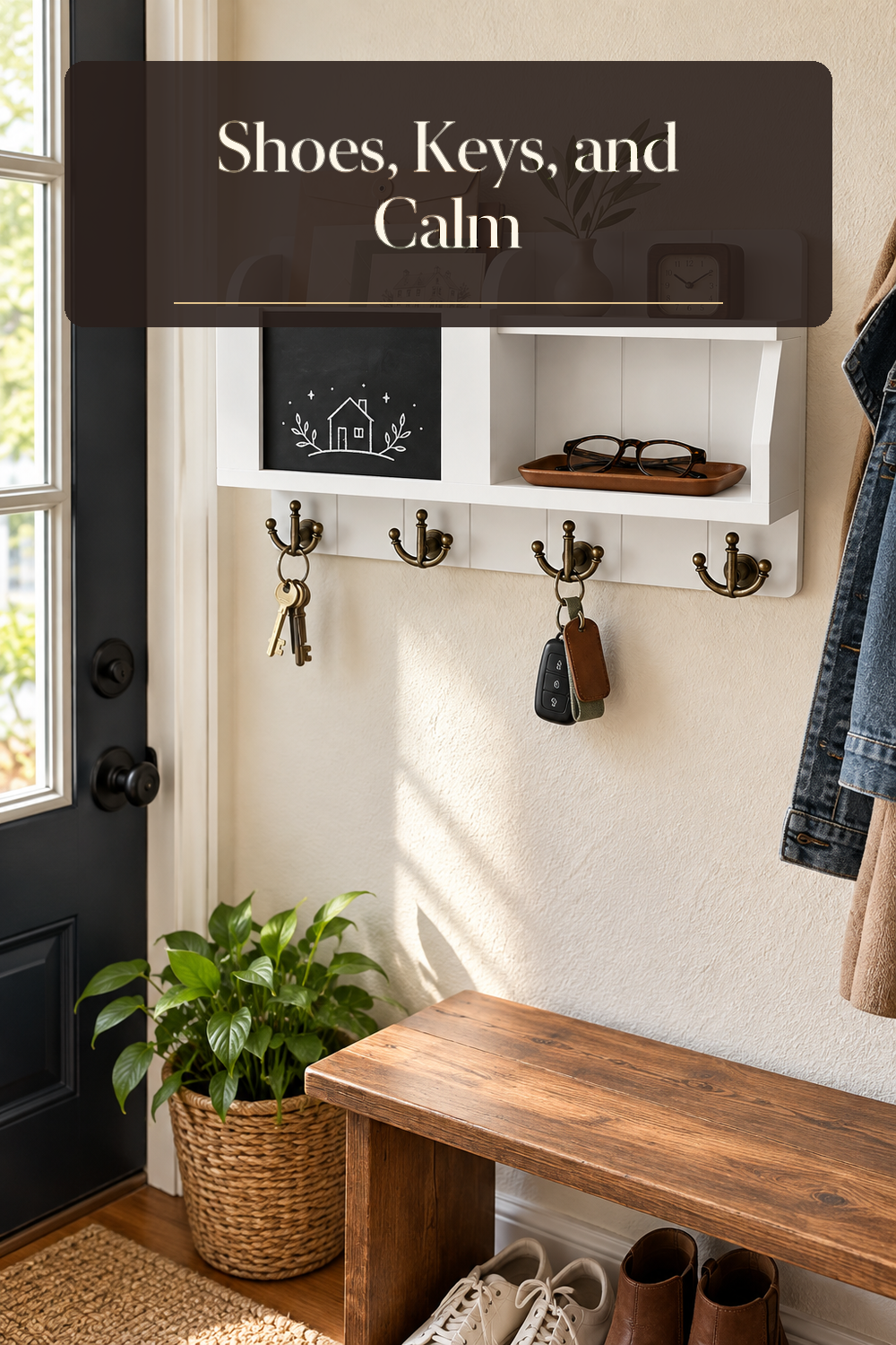 A realistic entryway key and mail organizer in use in a naturally lit entryway inside a believable lived-in home.