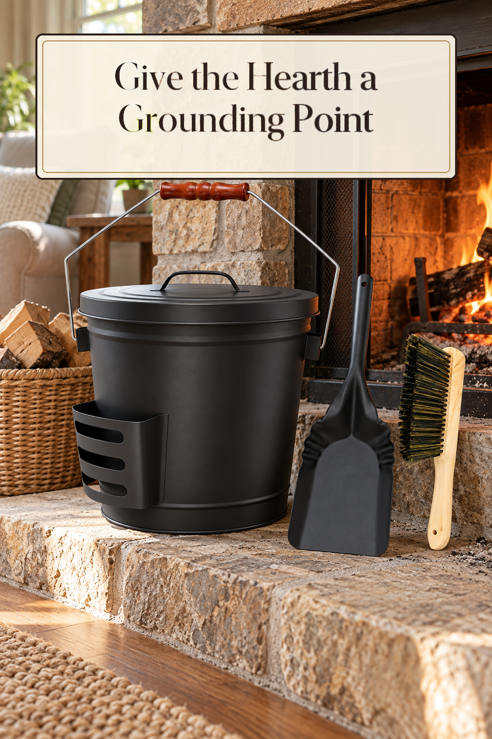 A realistic fireplace ash bucket in use in a naturally lit living room hearth inside a believable lived-in home.