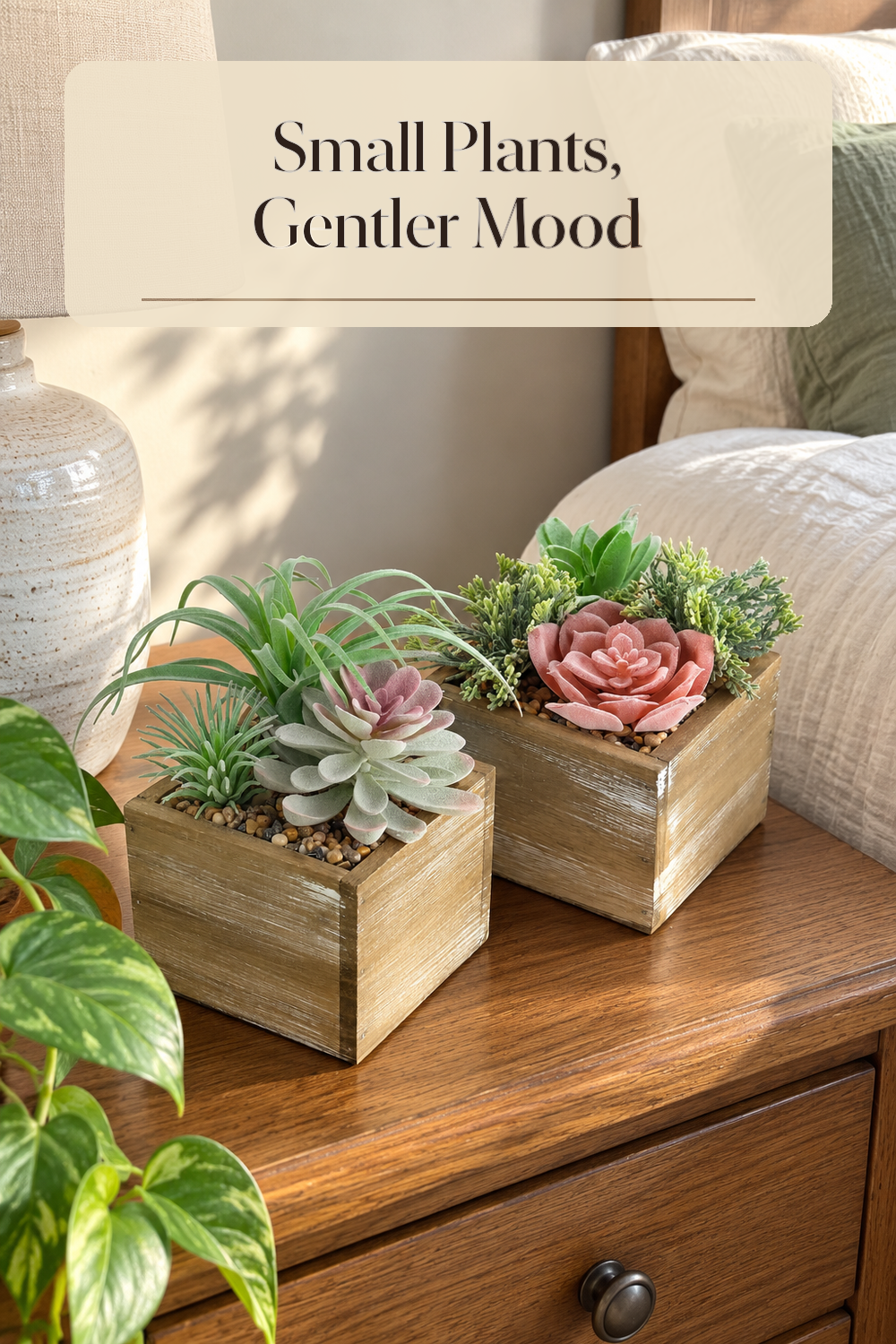 A realistic artificial bedroom greenery in use in a naturally lit bedroom inside a believable lived-in home.
