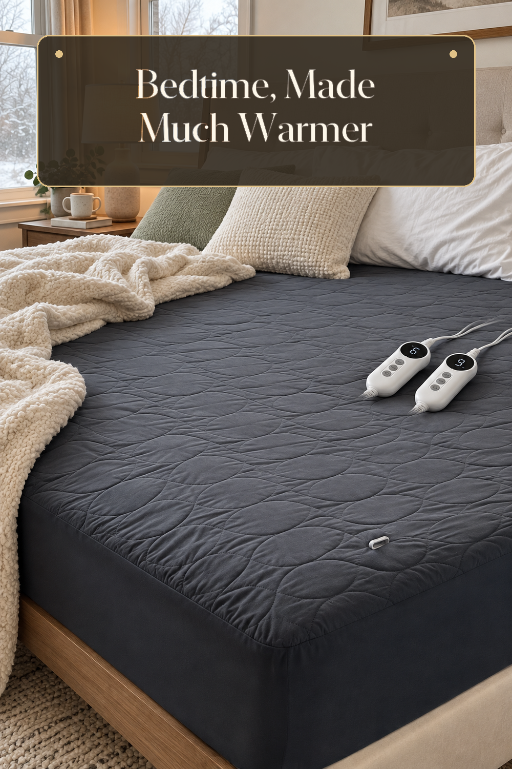A realistic heated mattress pad in use in a naturally lit bedroom or living room inside a believable lived-in home.
