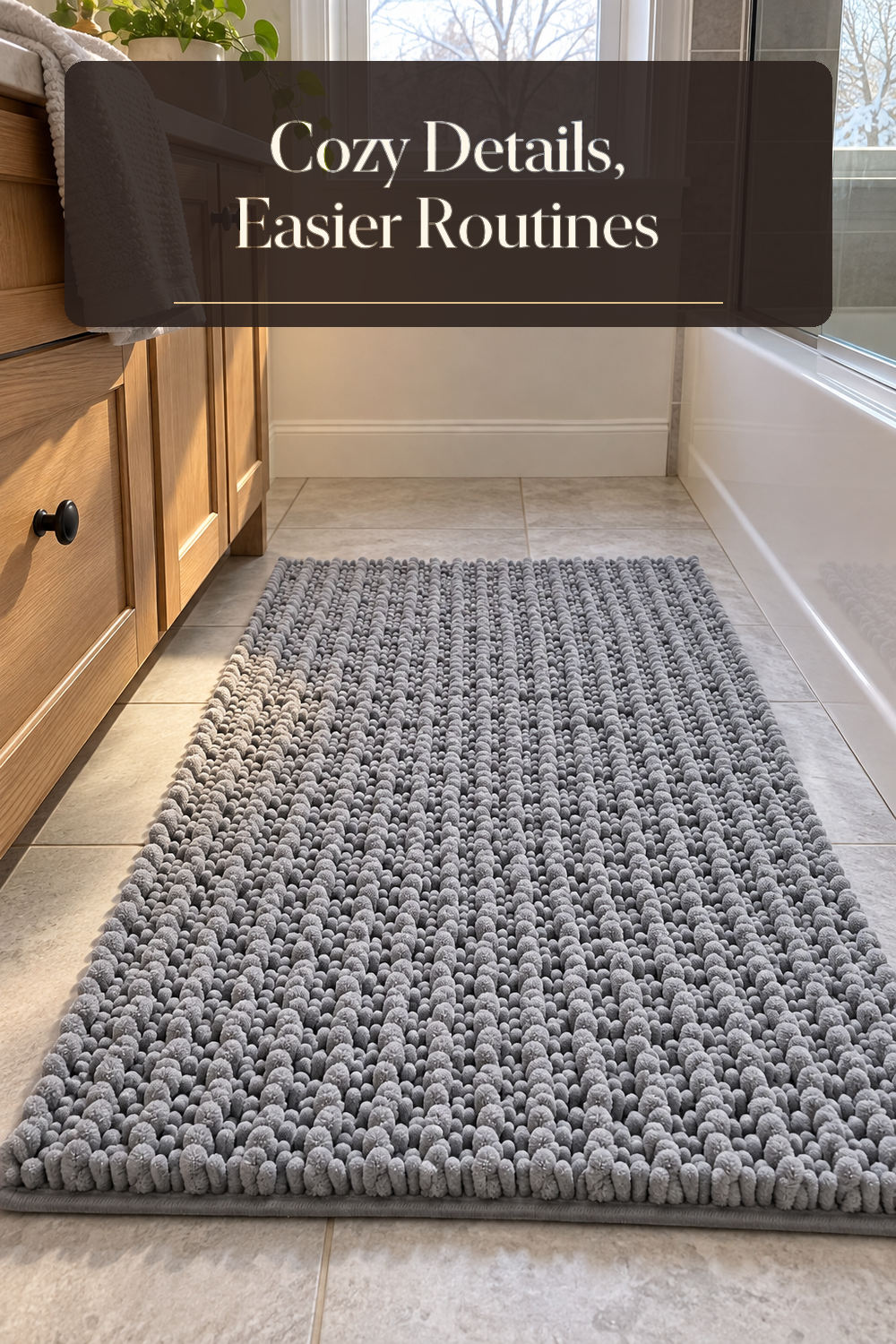 A realistic bathroom rug in use in a naturally lit bathroom inside a believable lived-in home.