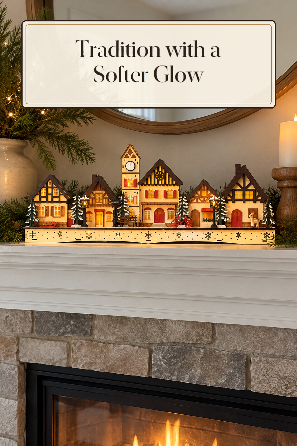 A realistic holiday village decor in use in a naturally lit living room fireplace inside a believable lived-in home.