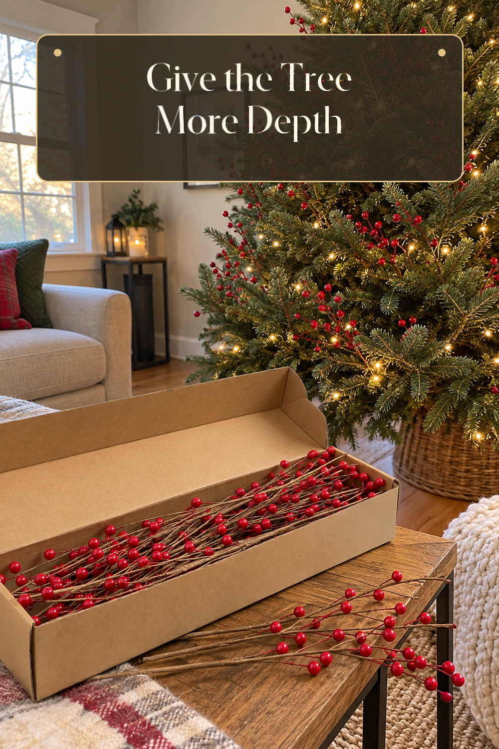 A realistic Christmas tree greenery in use in a naturally lit living room Christmas tree inside a believable lived-in home.