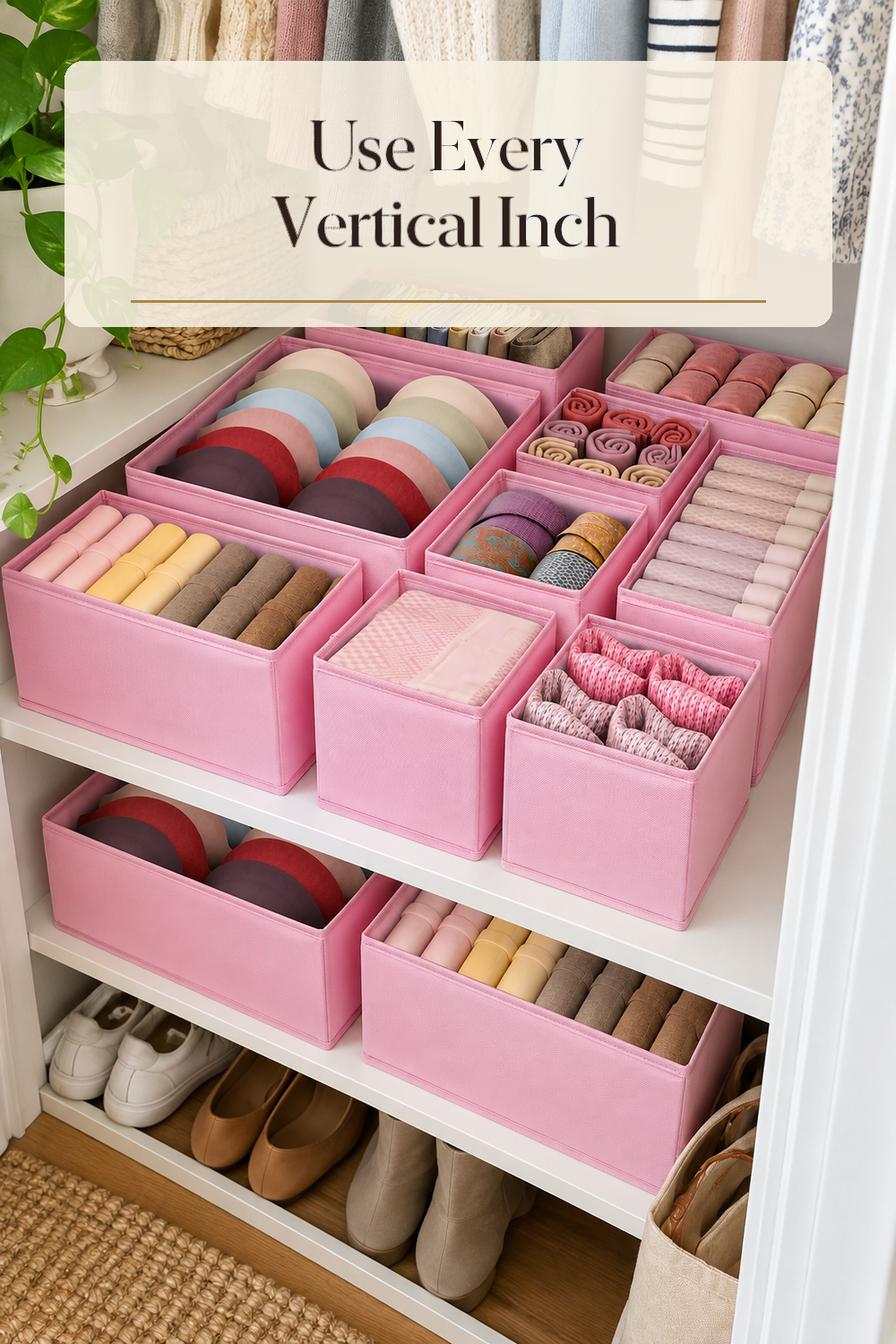 A realistic drawer organizer in use in a naturally lit bedroom closet inside a believable lived-in home.