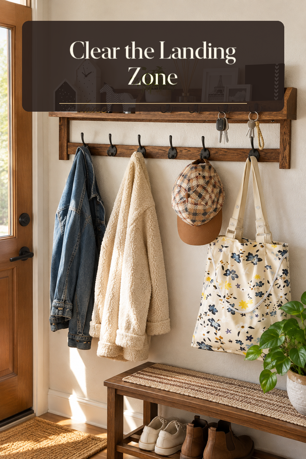 A realistic entryway key and mail organizer in use in a naturally lit entryway inside a believable lived-in home.