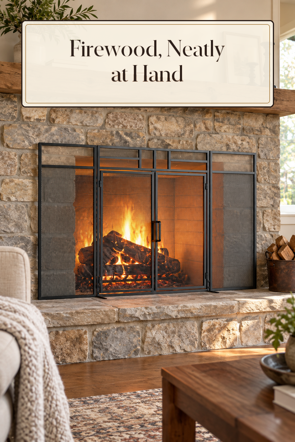 A realistic fireplace screen in use in a naturally lit living room hearth inside a believable lived-in home.