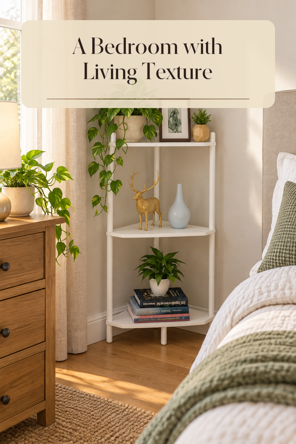 A realistic bedroom plant shelf in use in a naturally lit bedroom inside a believable lived-in home.