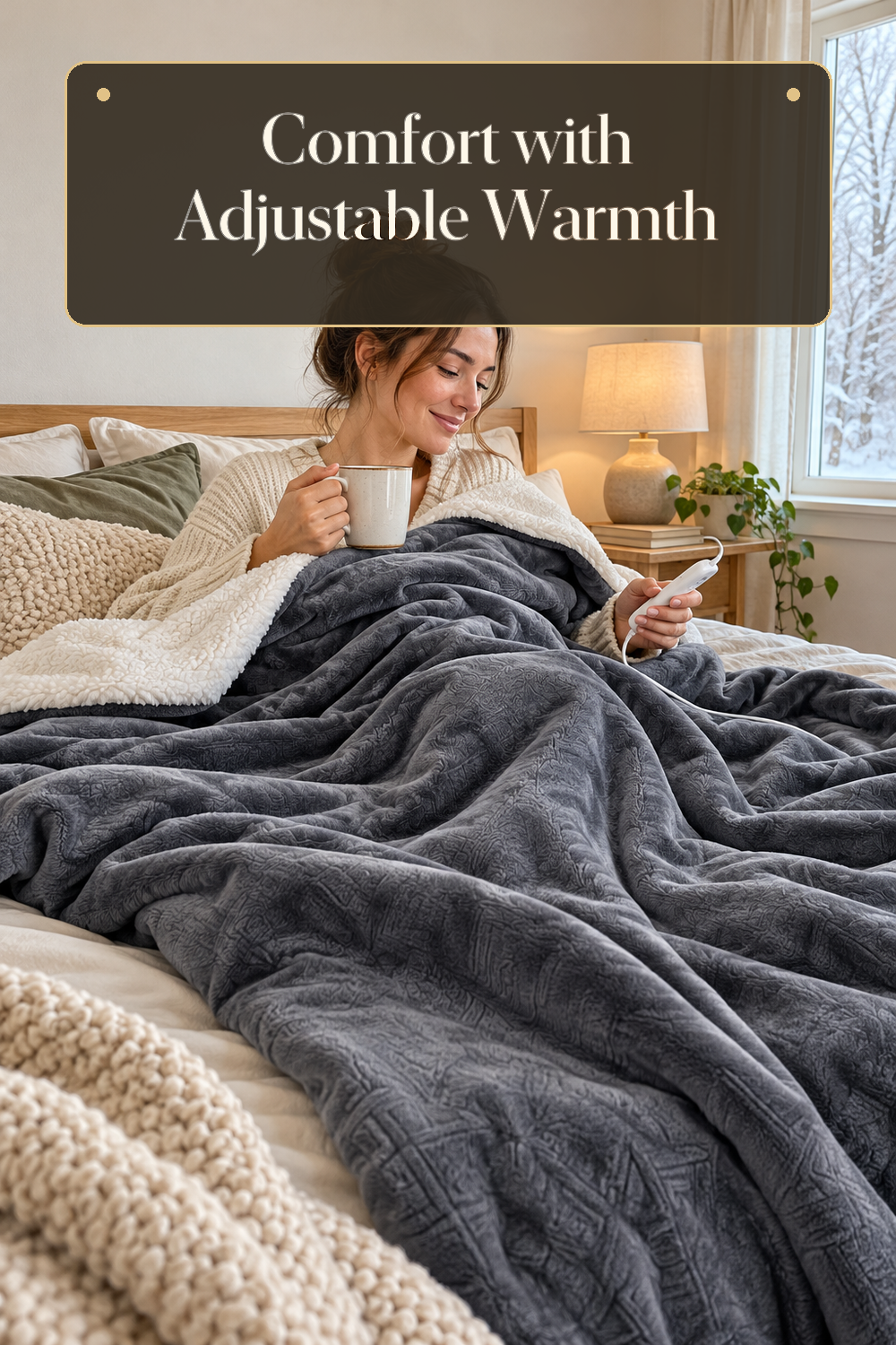 A realistic heated throw blanket in use in a naturally lit bedroom or living room inside a believable lived-in home.