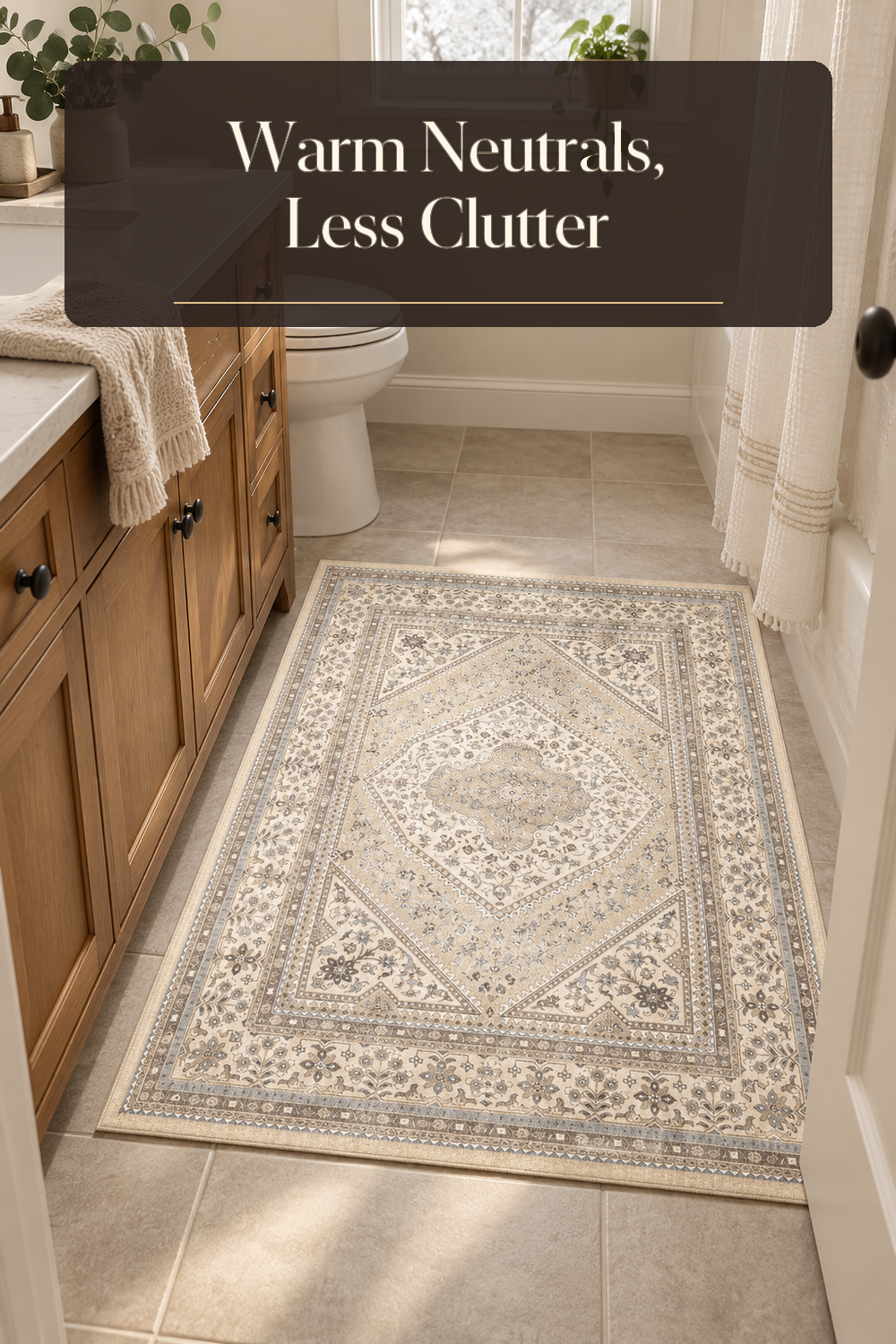 A realistic bathroom rug in use in a naturally lit bathroom inside a believable lived-in home.