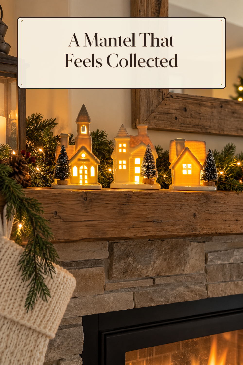 A realistic holiday village decor in use in a naturally lit living room fireplace inside a believable lived-in home.