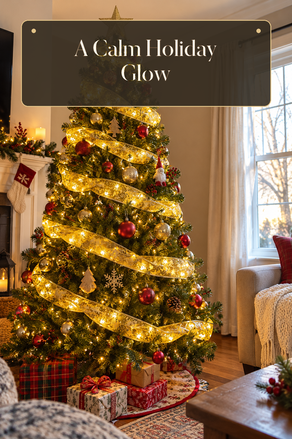 A realistic Christmas tree lights in use in a naturally lit living room Christmas tree inside a believable lived-in home.