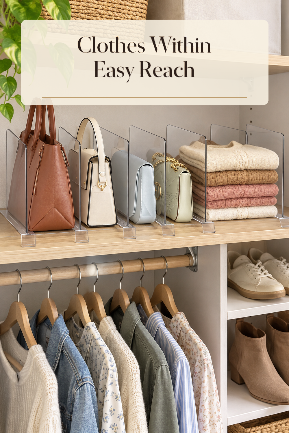 A realistic purse shelf organizer in use in a naturally lit bedroom closet inside a believable lived-in home.