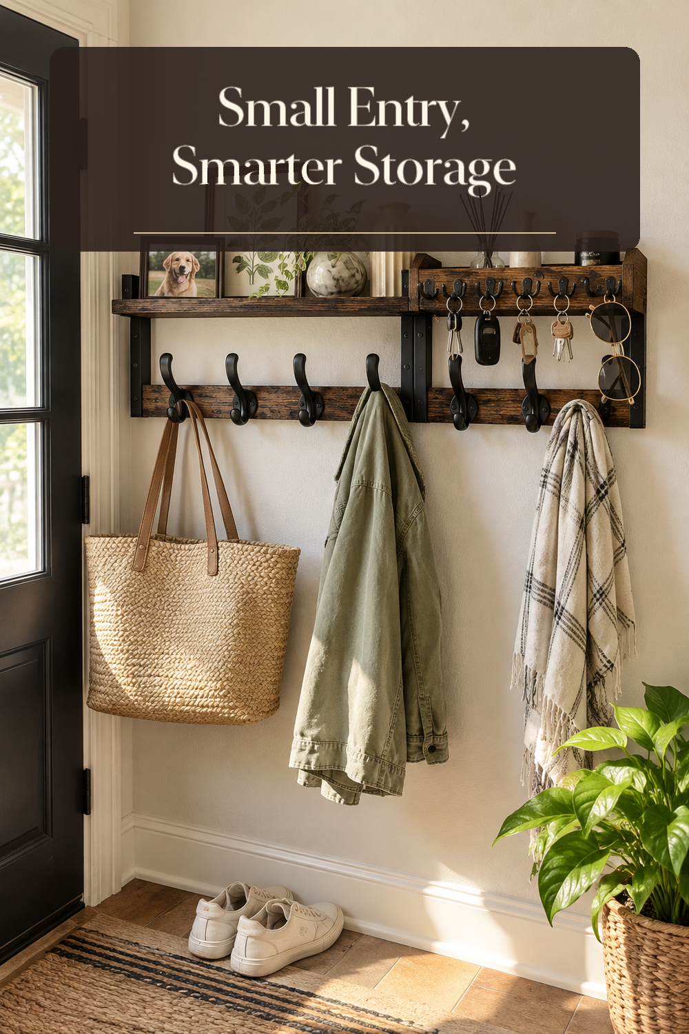 A realistic entryway wall hook shelf in use in a naturally lit entryway inside a believable lived-in home.