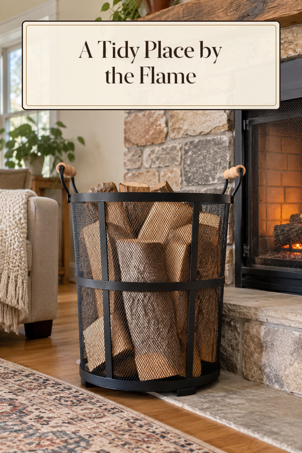 A realistic firewood holder in use in a naturally lit living room hearth inside a believable lived-in home.