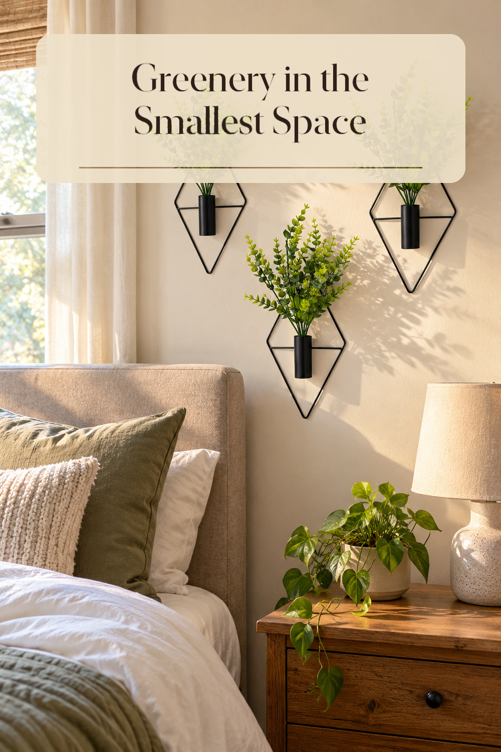 A realistic artificial bedroom greenery in use in a naturally lit bedroom inside a believable lived-in home.