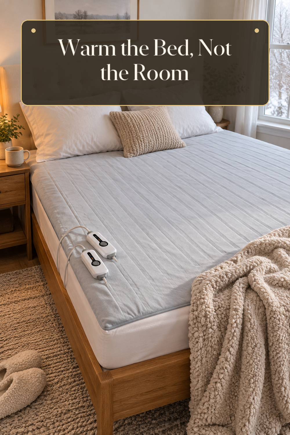 A realistic heated mattress pad in use in a naturally lit bedroom or living room inside a believable lived-in home.