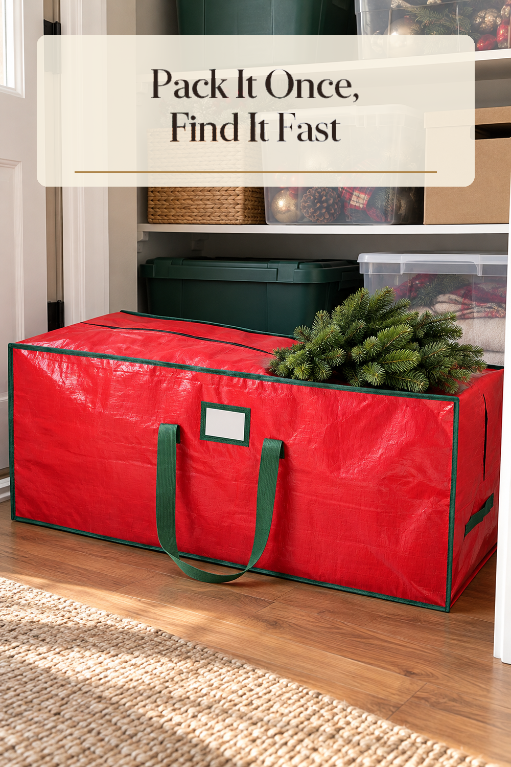 A realistic Christmas tree storage in use in a naturally lit storage closet inside a believable lived-in home.