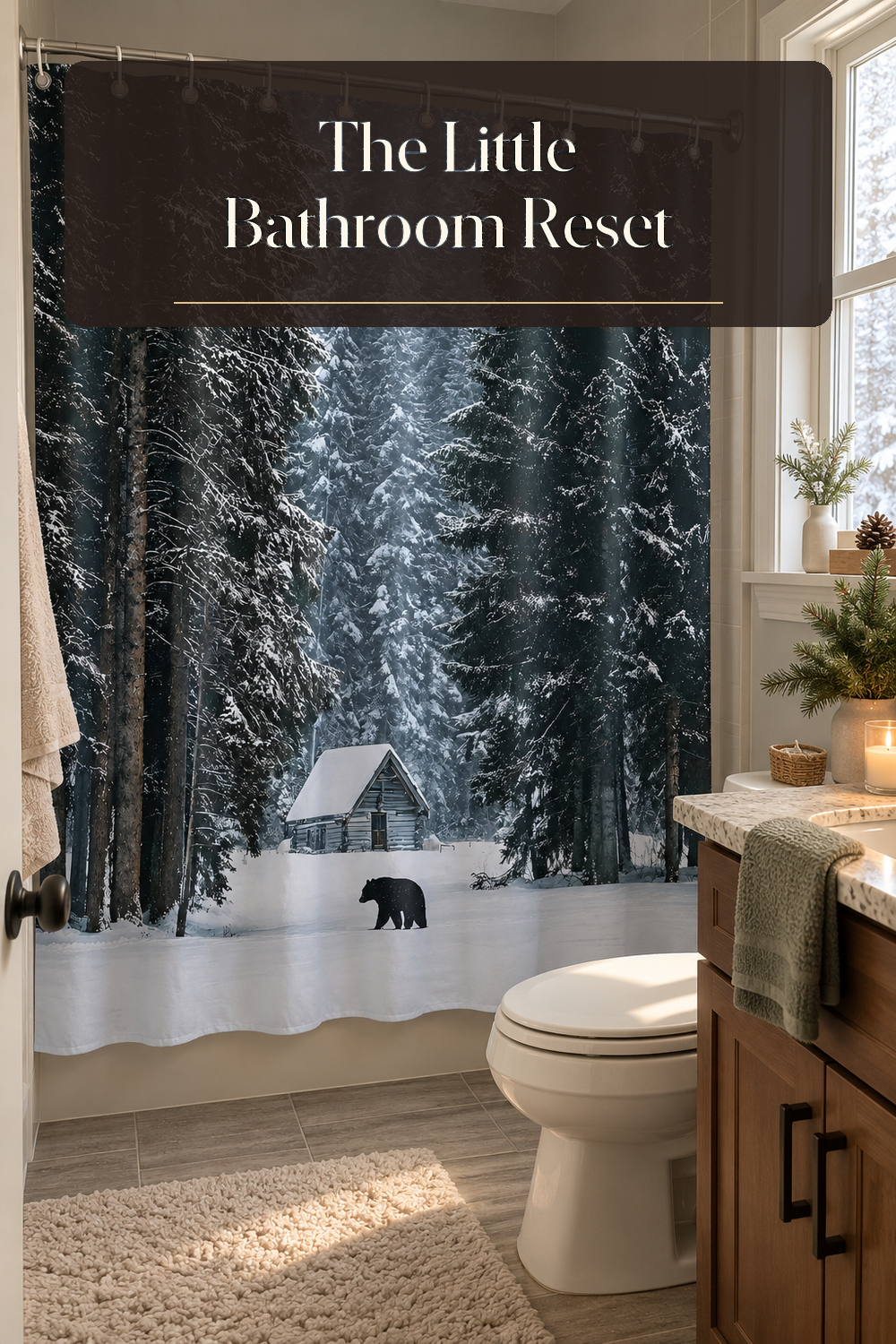A realistic winter shower curtain in use in a naturally lit bathroom inside a believable lived-in home.