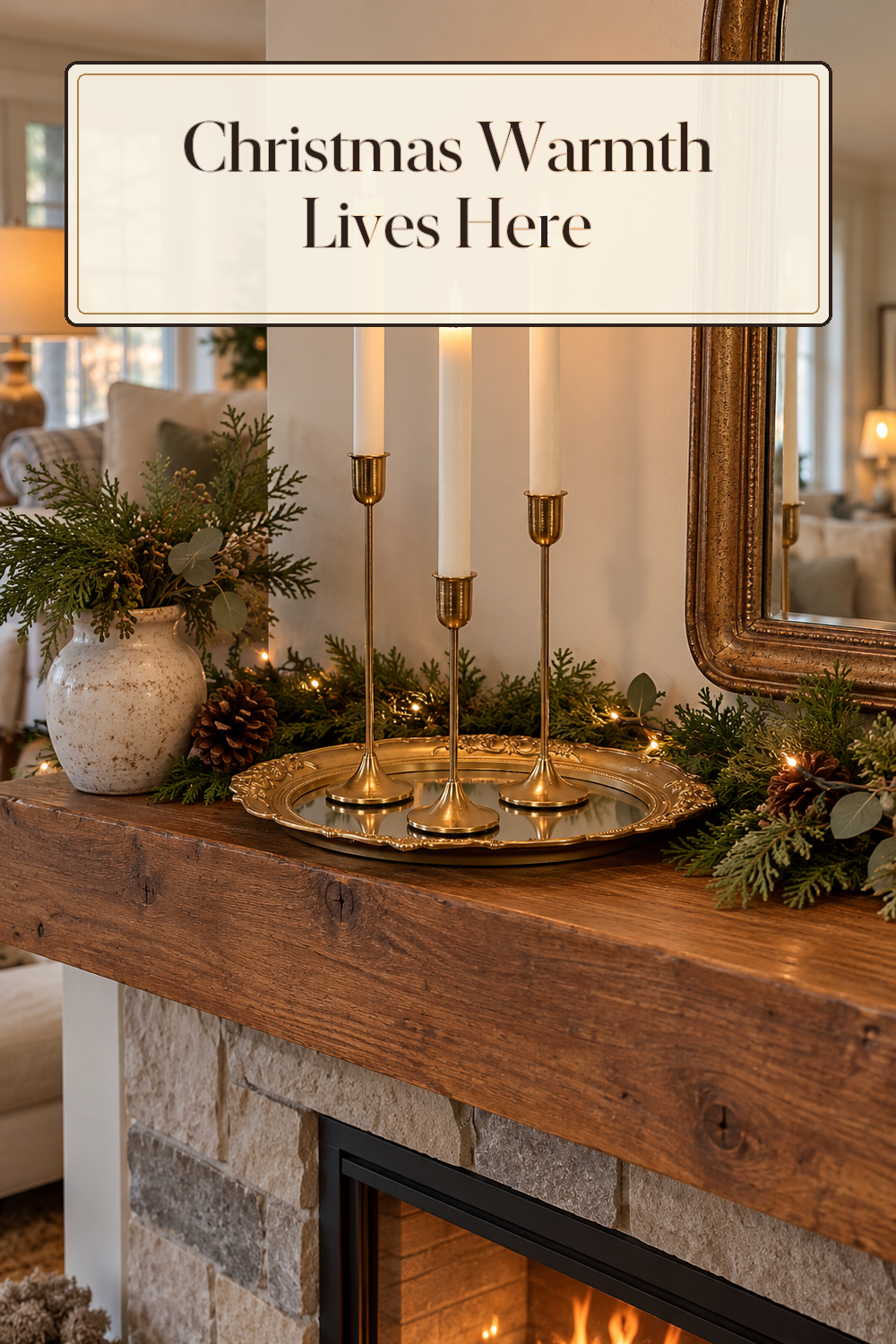 A realistic candle holder in use in a naturally lit living room fireplace inside a believable lived-in home.
