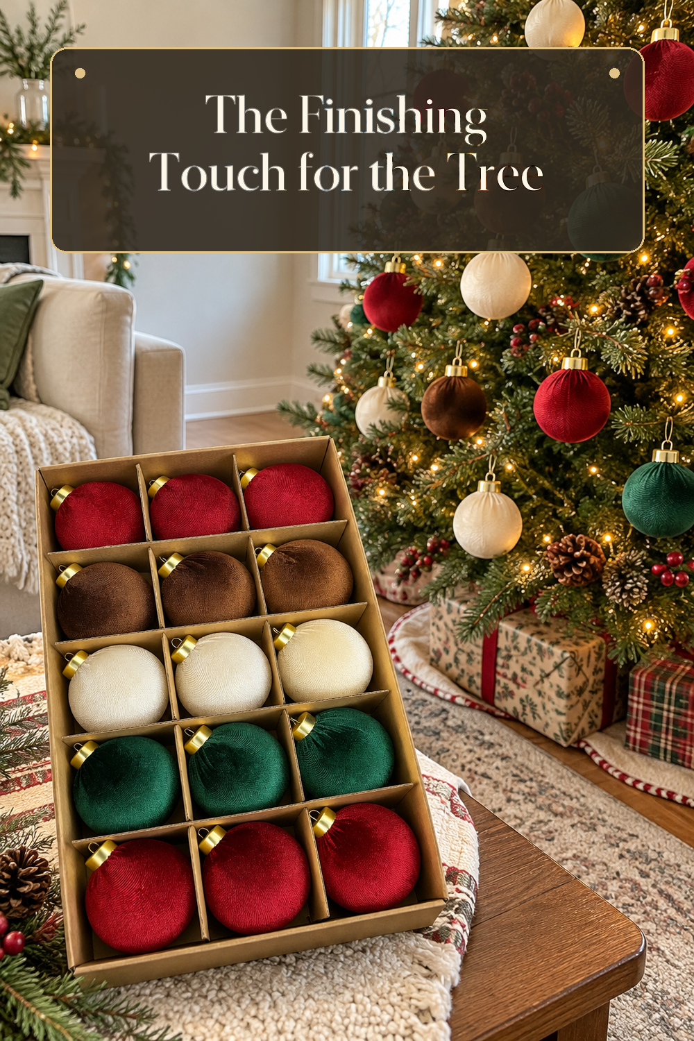 A realistic Christmas tree ornaments in use in a naturally lit living room Christmas tree inside a believable lived-in home.