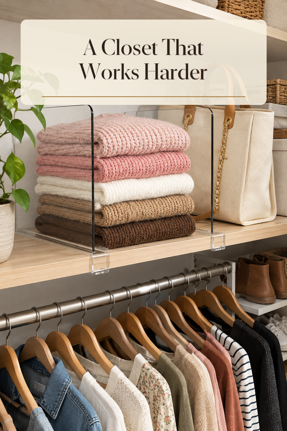 A realistic purse shelf organizer in use in a naturally lit bedroom closet inside a believable lived-in home.
