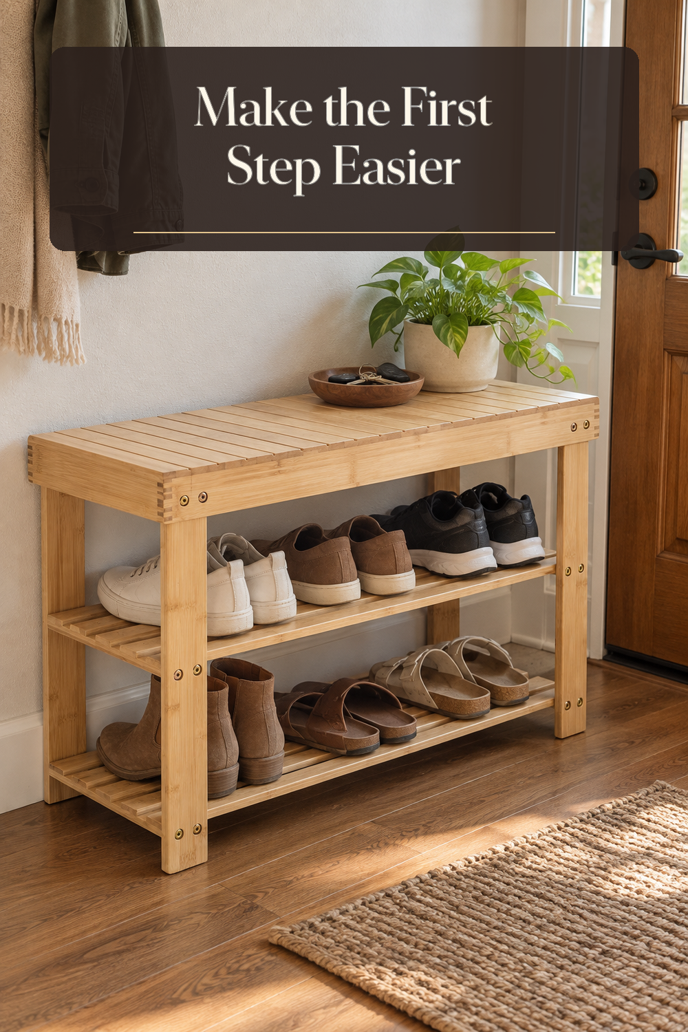A realistic entryway shoe bench in use in a naturally lit entryway inside a believable lived-in home.