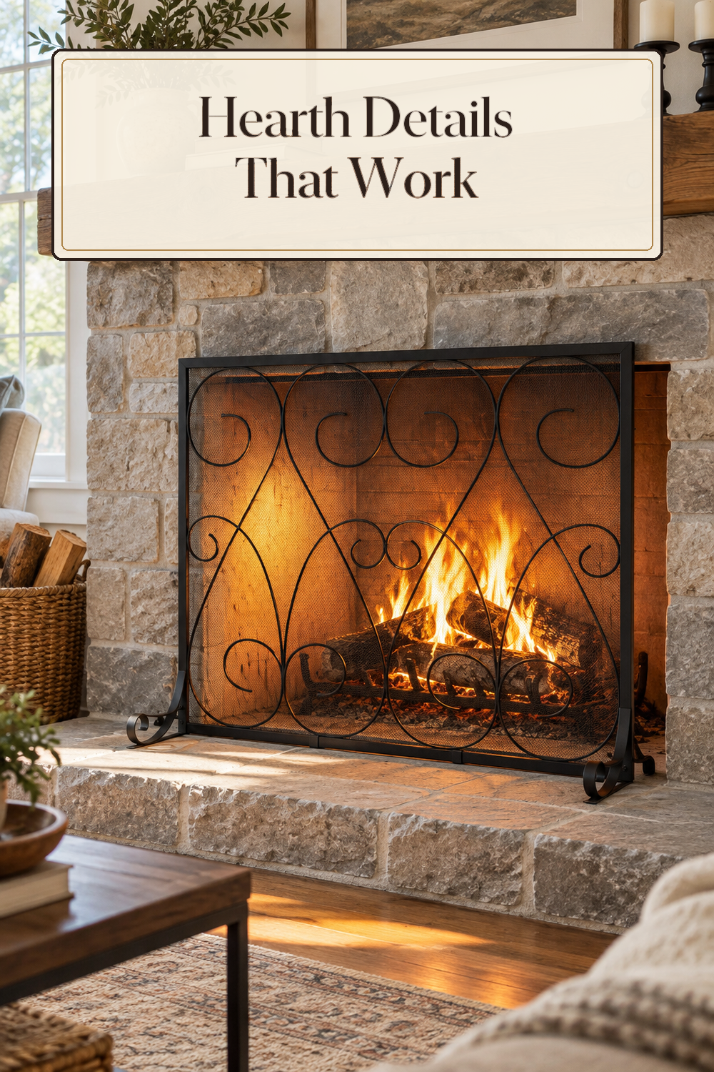 A realistic fireplace screen in use in a naturally lit living room hearth inside a believable lived-in home.
