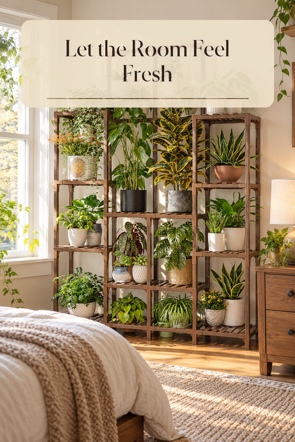 A realistic bedroom plant stand in use in a naturally lit bedroom inside a believable lived-in home.