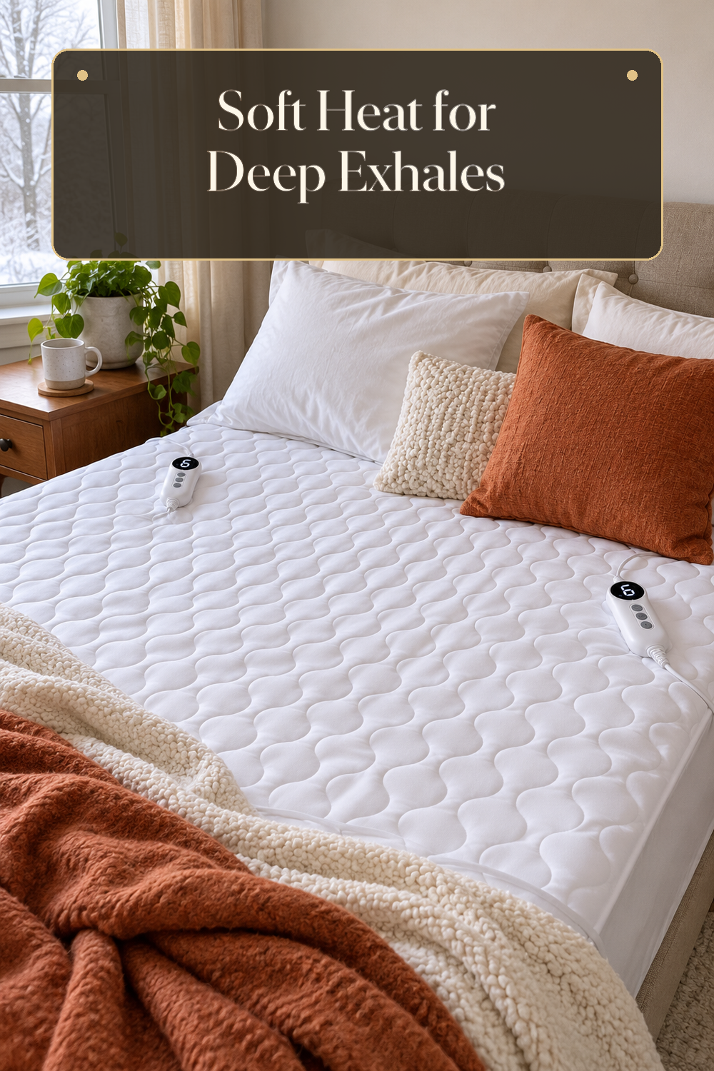A realistic heated mattress pad in use in a naturally lit bedroom or living room inside a believable lived-in home.