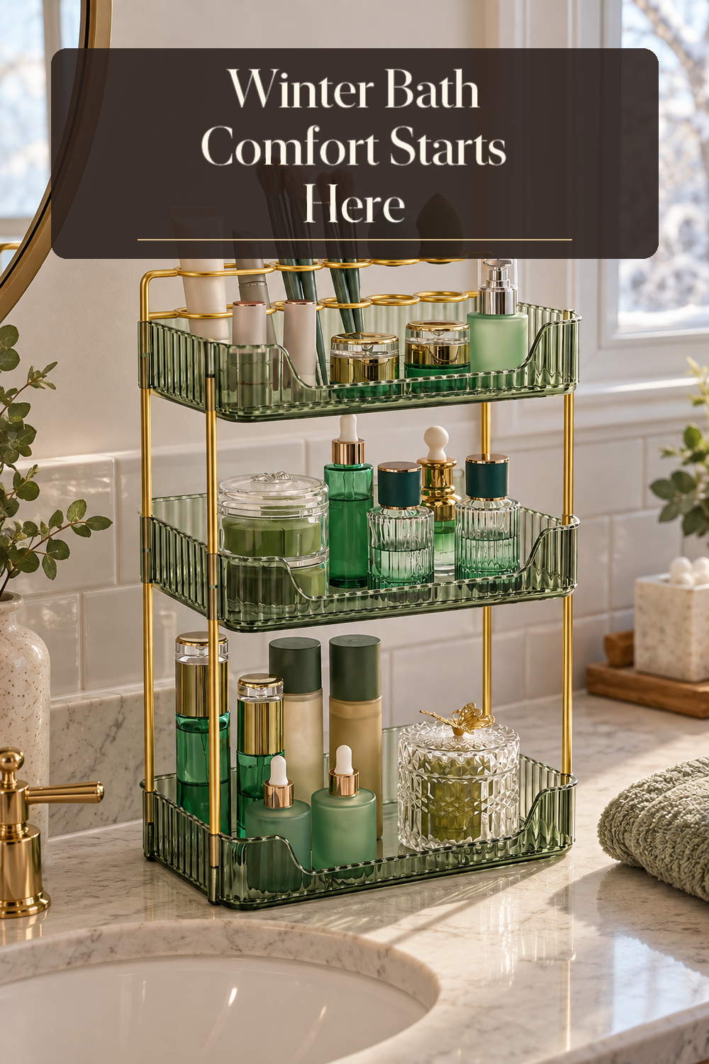 A realistic bathroom counter organizer in use in a naturally lit bathroom inside a believable lived-in home.