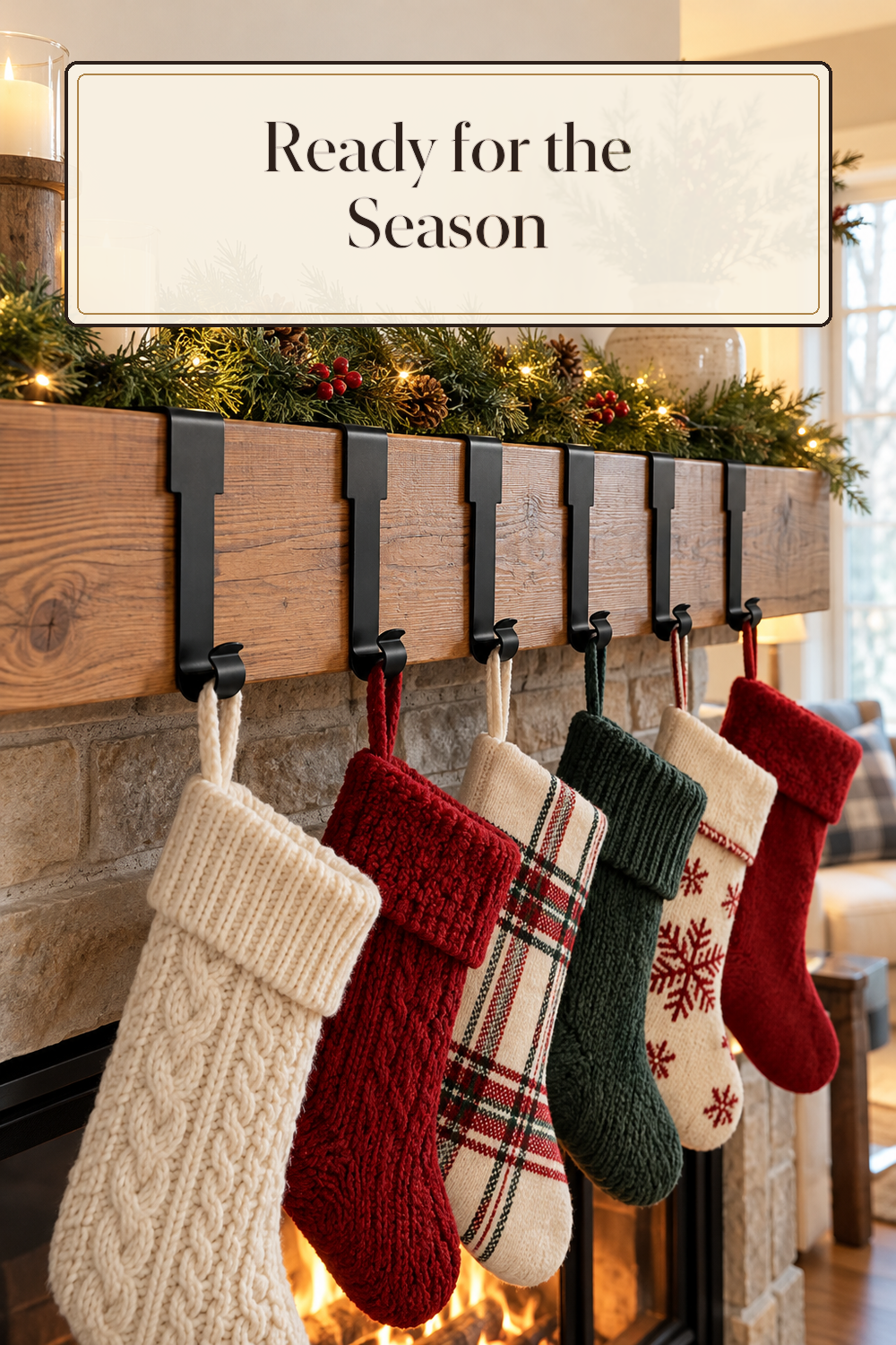 A realistic stocking holder in use in a naturally lit living room fireplace inside a believable lived-in home.