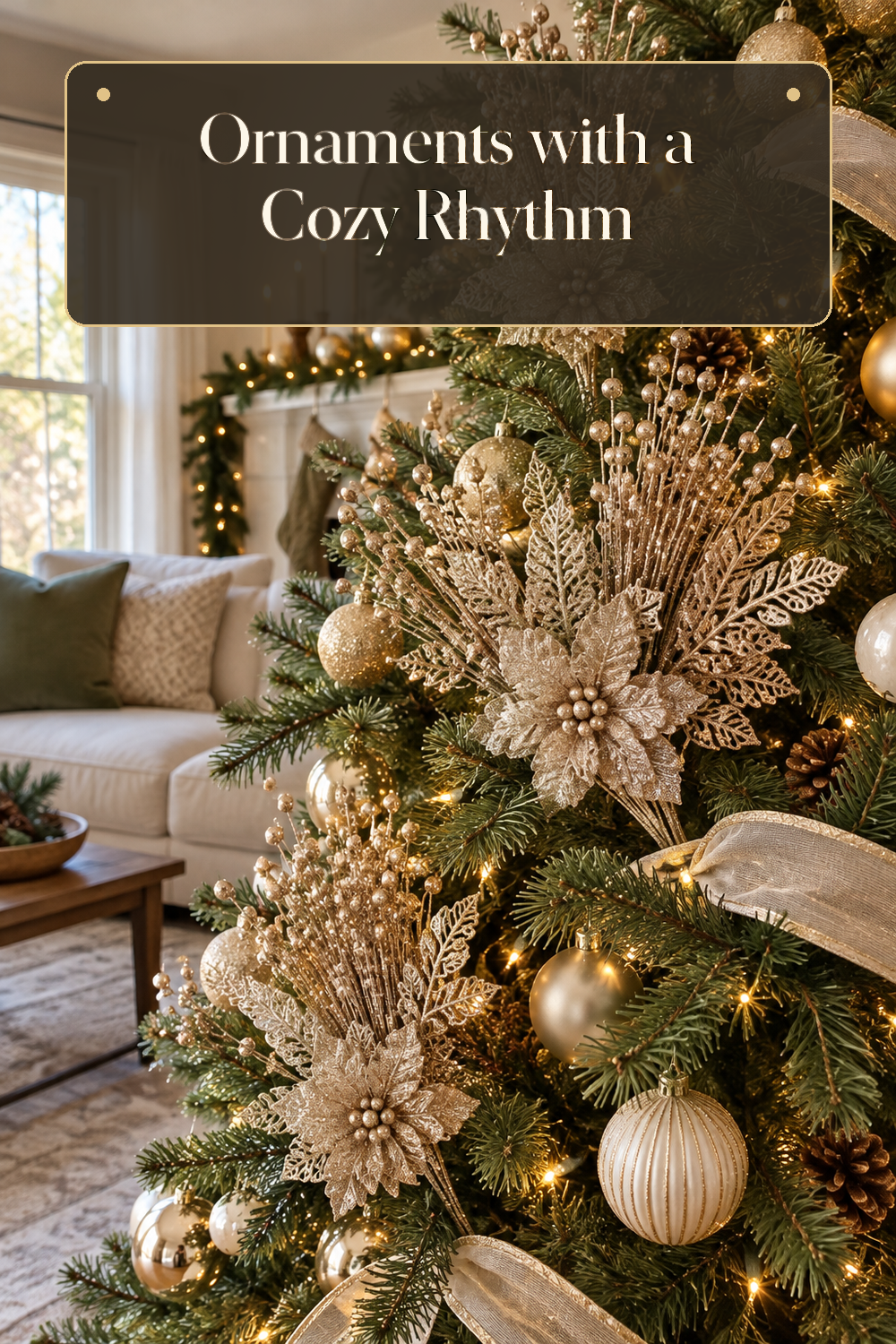 A realistic Christmas tree ornaments in use in a naturally lit living room Christmas tree inside a believable lived-in home.