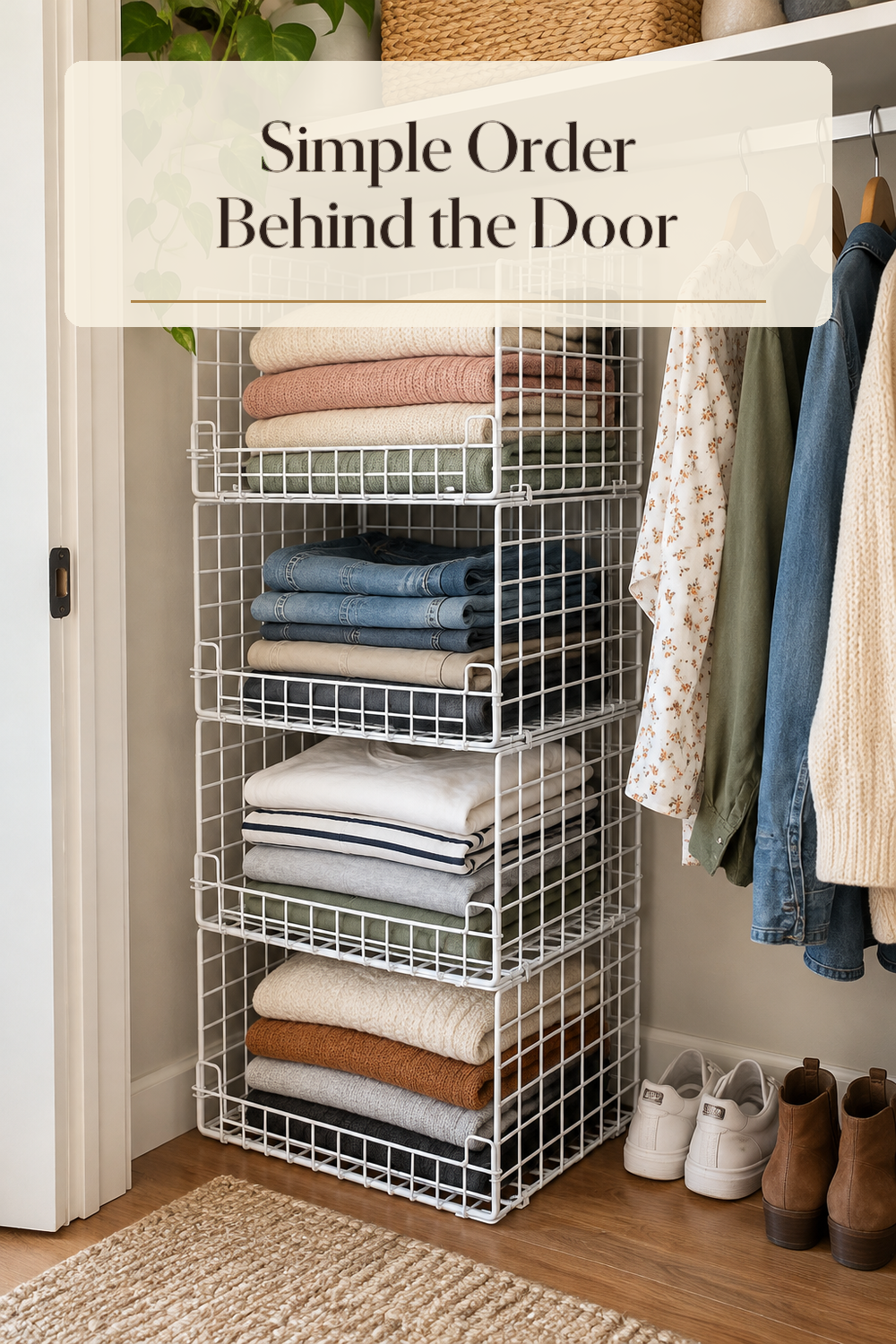 A realistic closet storage bins in use in a naturally lit bedroom closet inside a believable lived-in home.