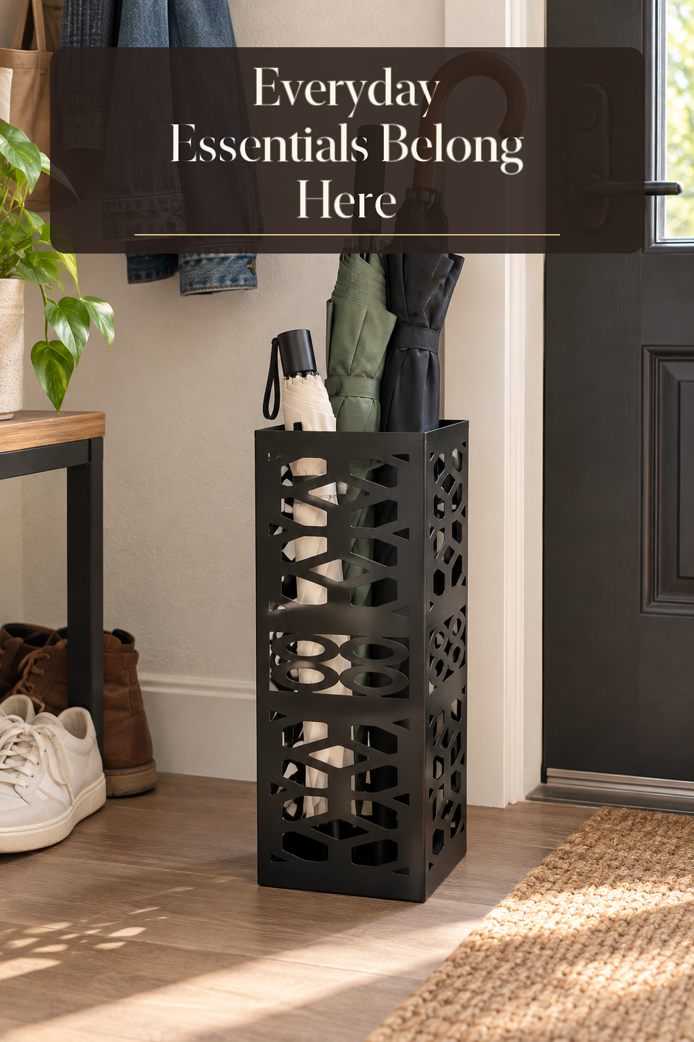 A realistic entryway umbrella stand in use in a naturally lit entryway inside a believable lived-in home.