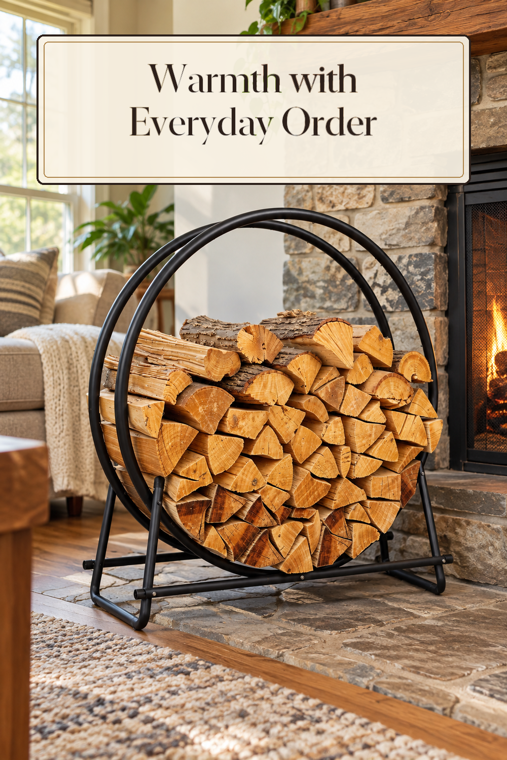 A realistic firewood holder in use in a naturally lit living room hearth inside a believable lived-in home.