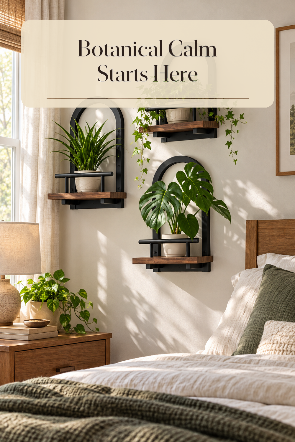 A realistic bedroom plant shelf in use in a naturally lit bedroom inside a believable lived-in home.