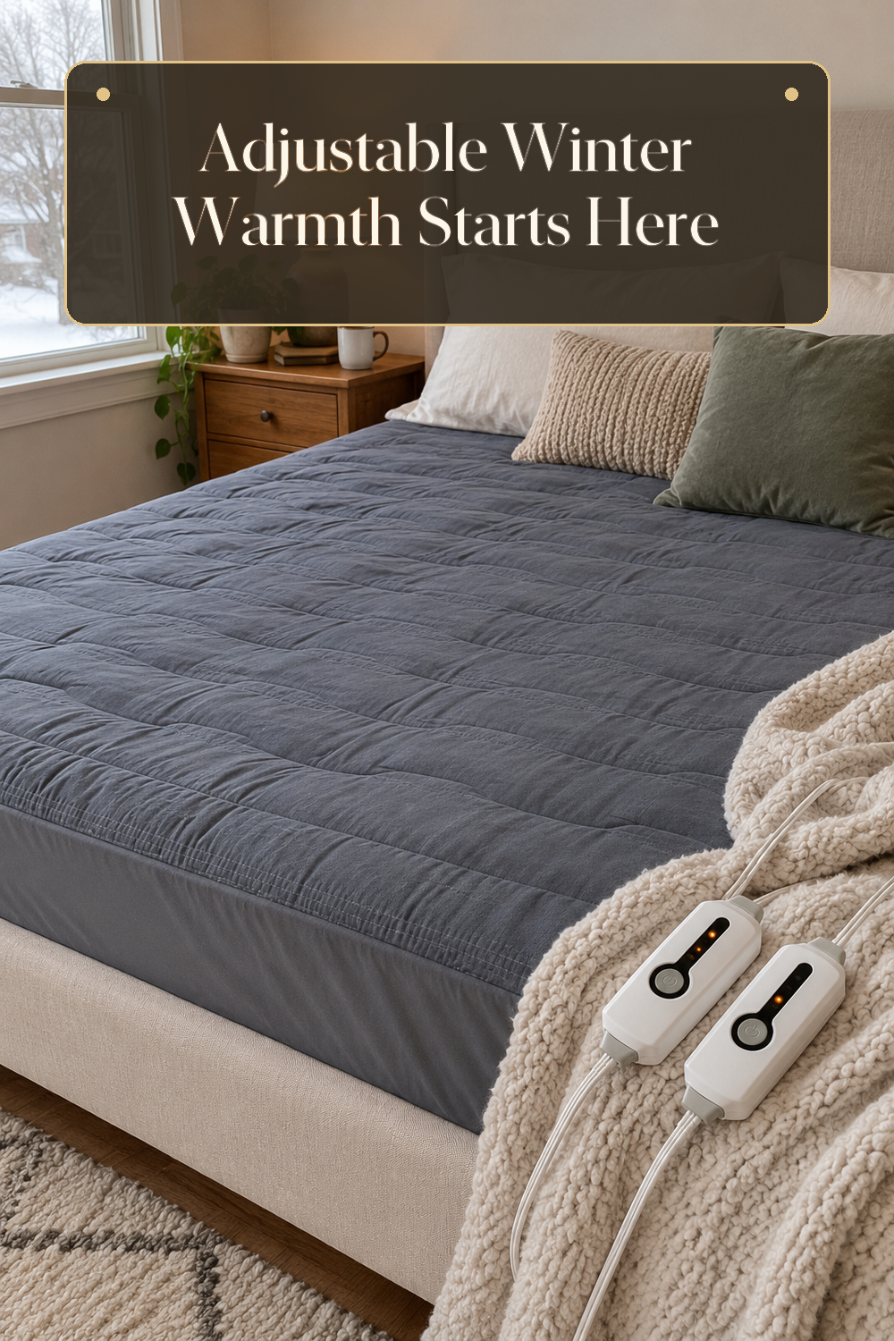A realistic heated mattress pad in use in a naturally lit bedroom or living room inside a believable lived-in home.