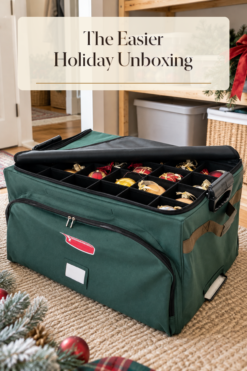 A realistic Christmas ornament storage in use in a naturally lit storage closet inside a believable lived-in home.