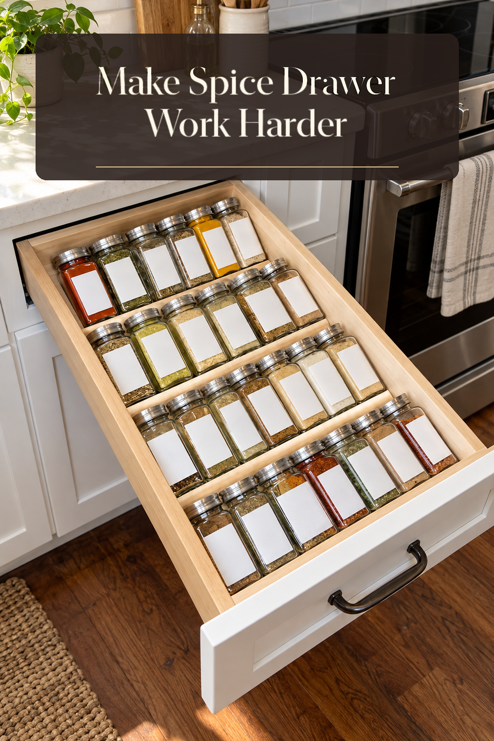 A realistic spice organizer organizing spice drawer in a naturally lit lived-in home.