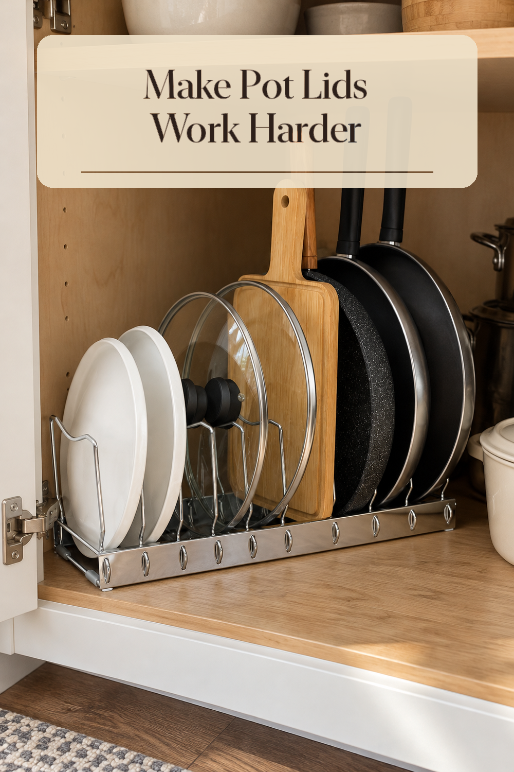 A realistic pot lid organizer organizing pot lids in a naturally lit lived-in home.