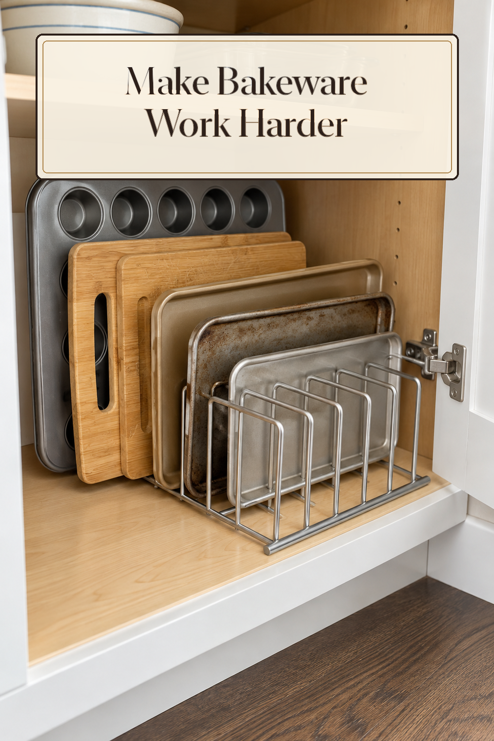 A realistic bakeware organizer organizing bakeware in a naturally lit lived-in home.