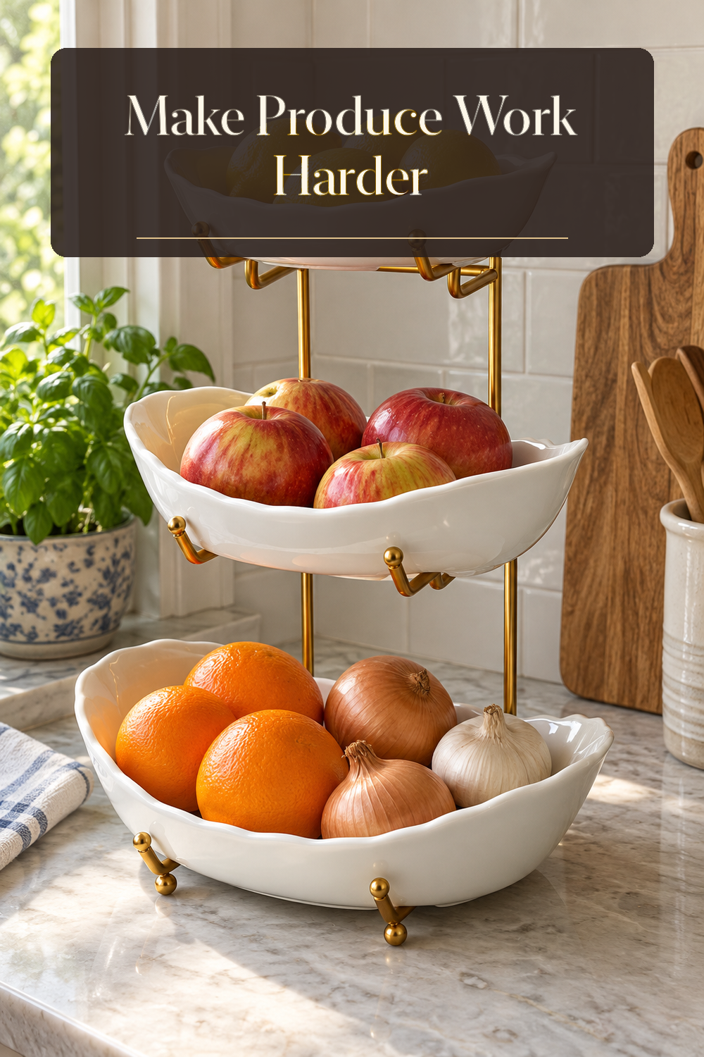 A realistic produce basket organizing produce in a naturally lit lived-in home.
