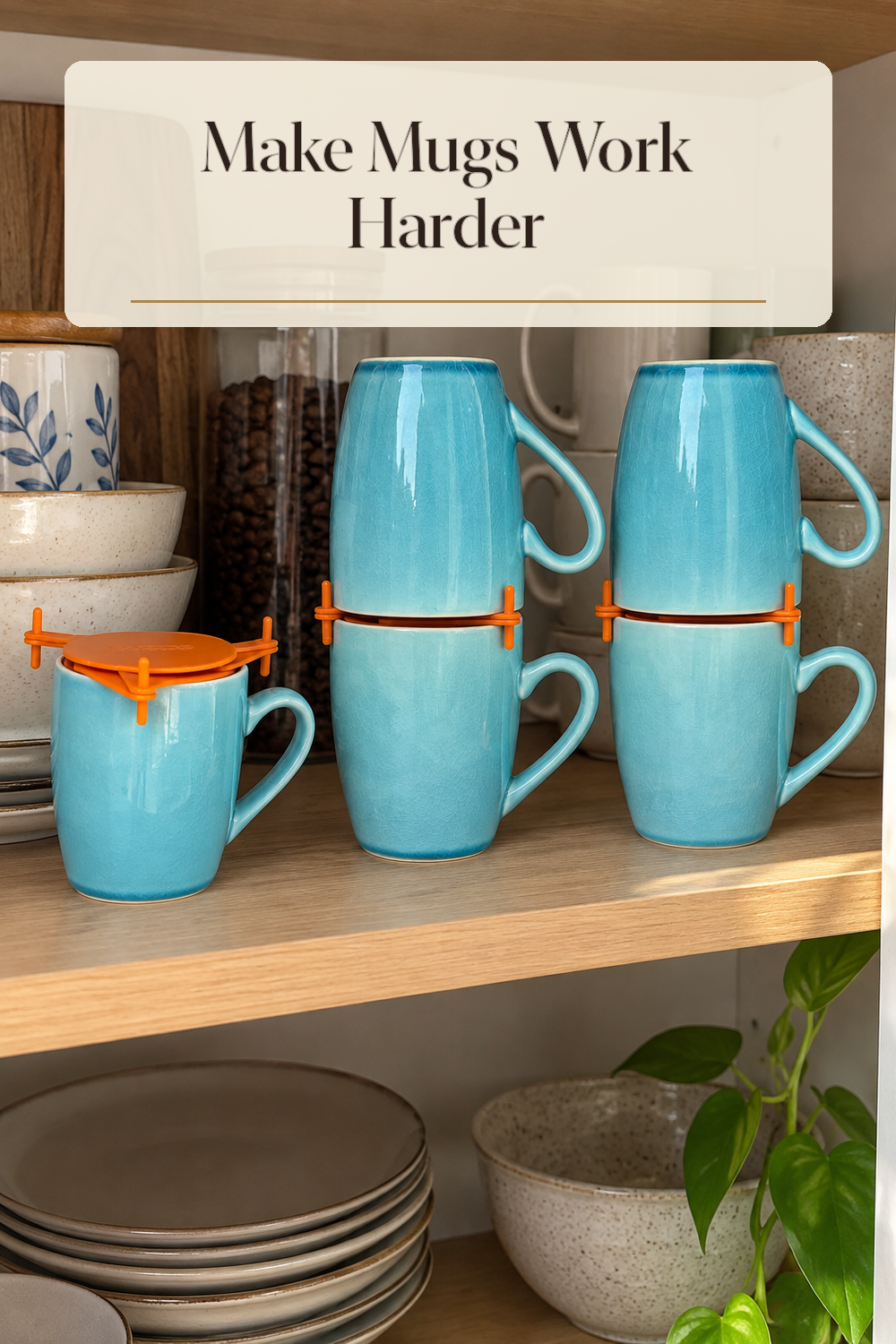 A realistic mug organizer organizing mugs in a naturally lit lived-in home.